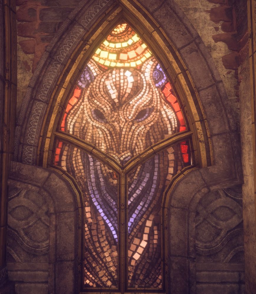 a screenshot from the game dragon age veilguard showing a mosaic window depicting Fen'Harel
