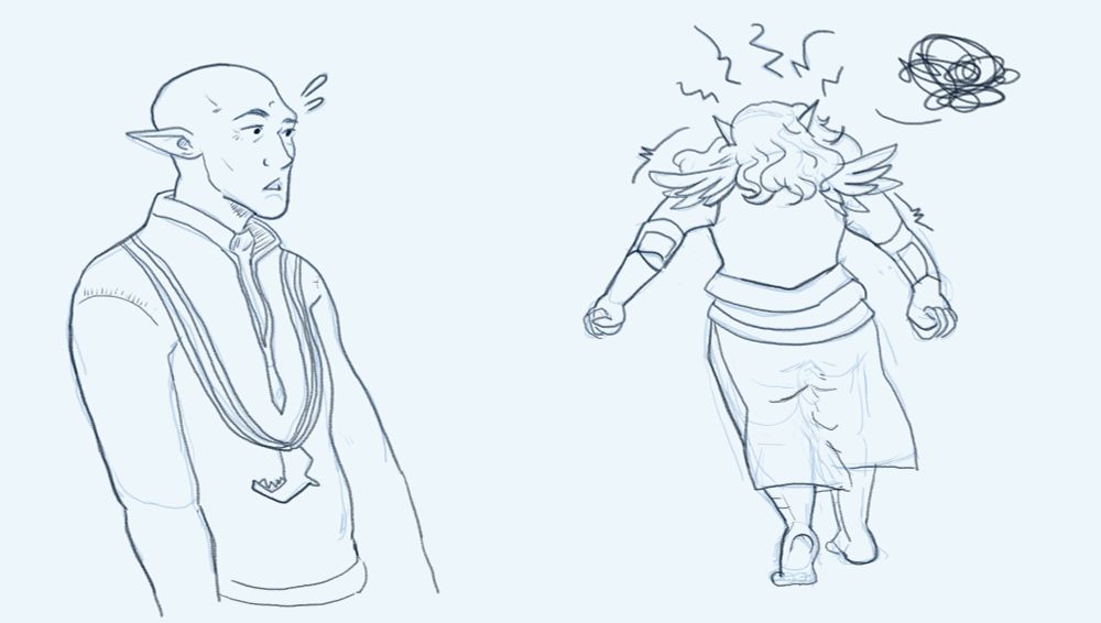 A surprised Solas as Freya turns away and walks away, clearly looking frustrated, into the distance