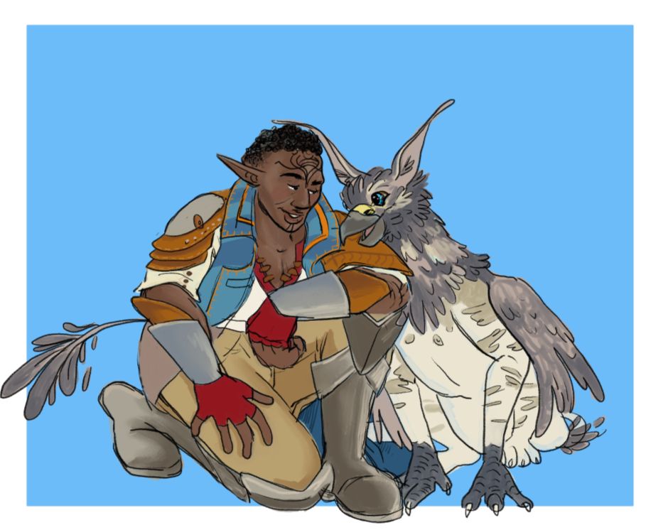 a drawing with a light blue rectangular background showing Davrin from dragon age kneeling and smilling at Assan who is leaning into Davrin and smiling back at him :) 