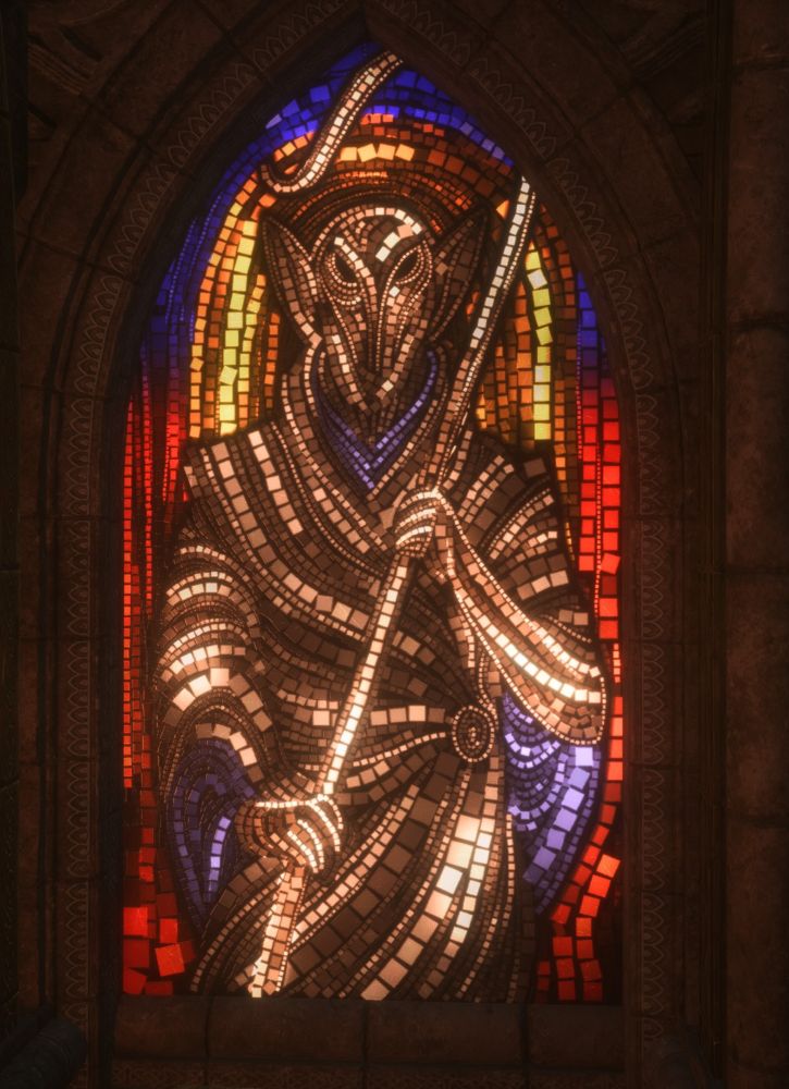 a screenshot from the game dragon age veilguard showing a mosaic window depicting Falon'Din
