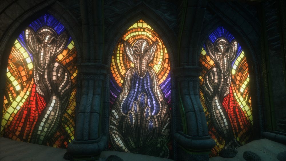 a screenshot from the game dragon age veilguard showing mosaic windows depicting Elgar'nan, Mythal, and a mirrored version of the first Elgar'nan window 