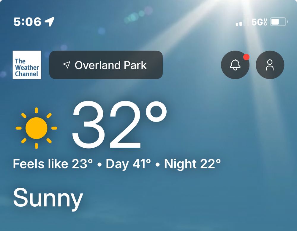 Weather app screenshot. 32° feels like 23°