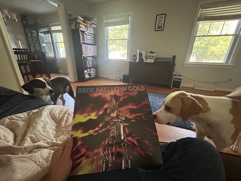 POV sitting on a couch holding the album art for “Mellow Gold” by Beck. 