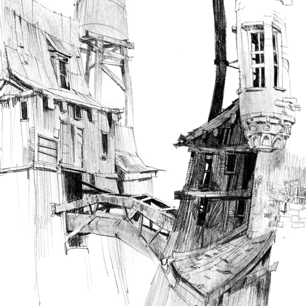 closeup of a digital linedrawing of an old industrial looking building