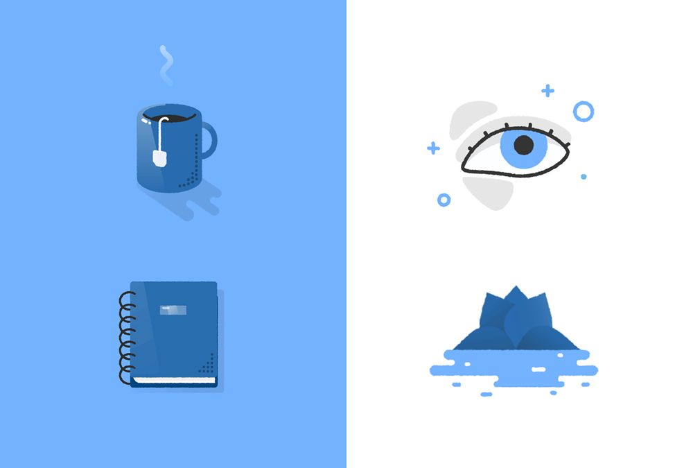 Icons of albums and pictures, a cup of tea, an eye.