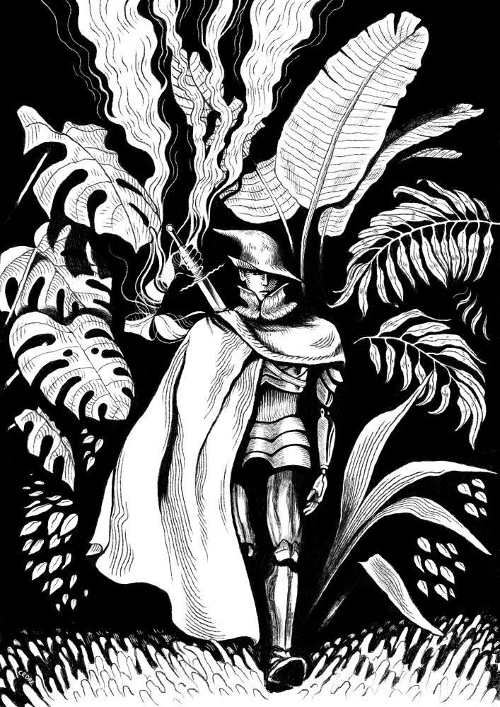 Black and white illustration of a warrior surrounded by plants, coming out of the dark, with a sword on his back.