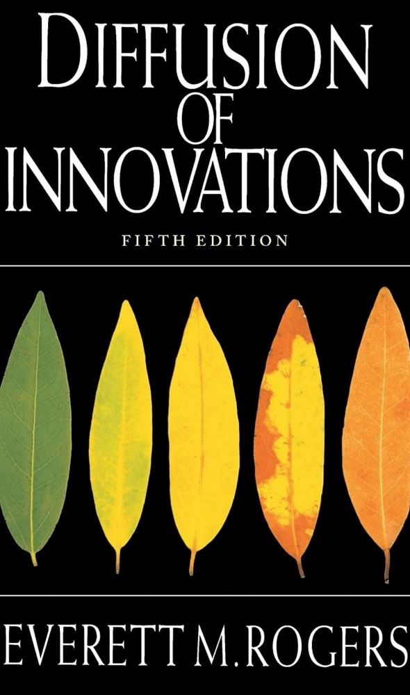 Book cover for “Diffusion of Innovations” by Everett  M. Rogers. Black background with 5 thin separate leaves, green on the left, yellow/green, yellow, yellow/red and orange on the right.