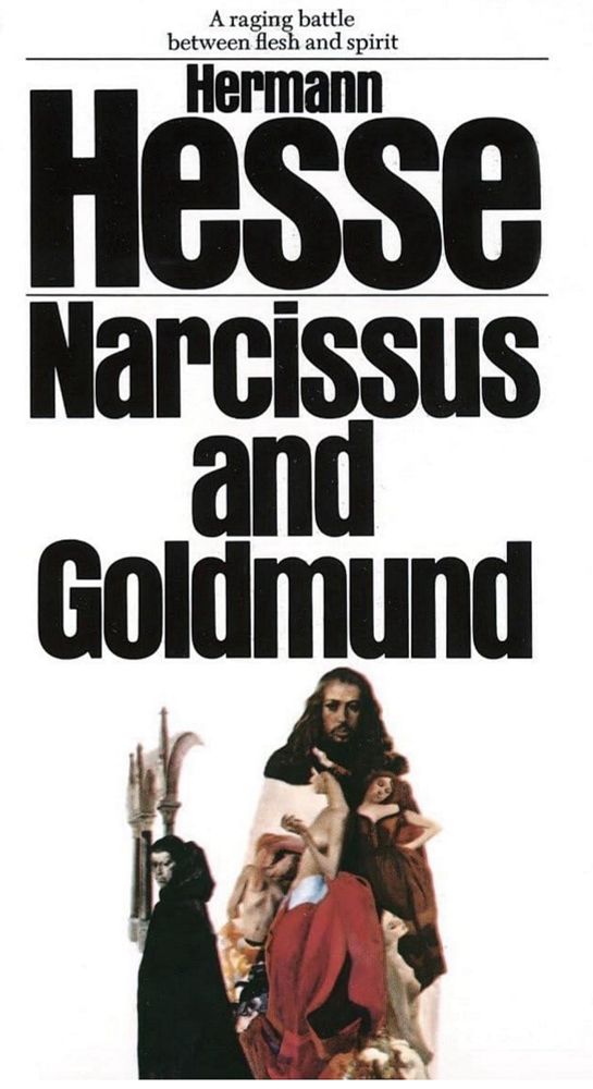 White background graphic of two men and various women on cover of Hermann Hesse’s book Narcissus and Goldmund