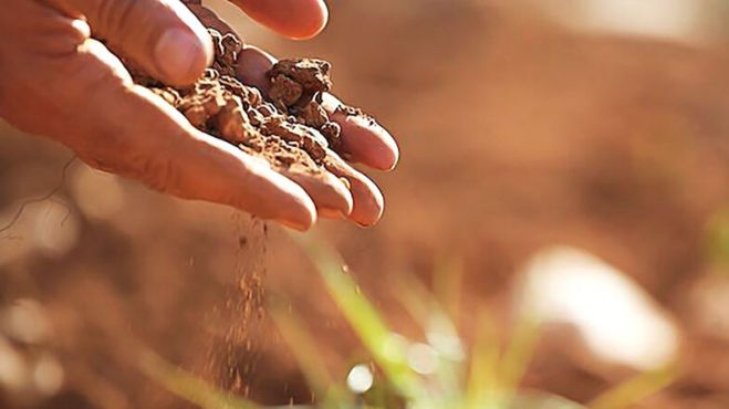 Soil falls to the earth from an open palm.