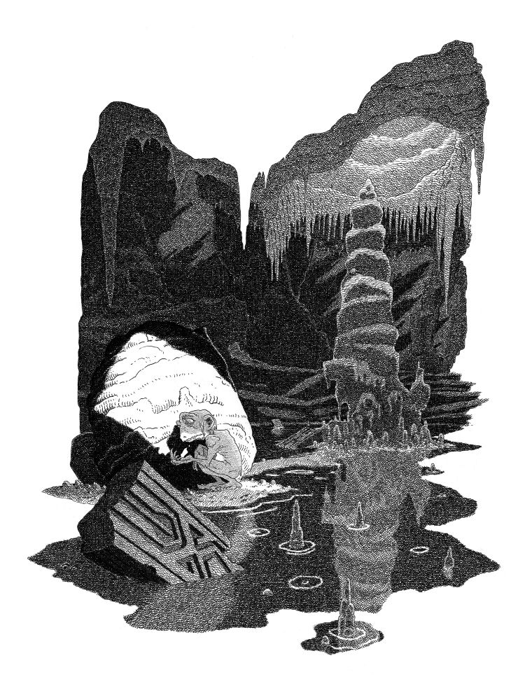 Large private black and white commission of Gollum under the Misty Mountains from The Hobbit