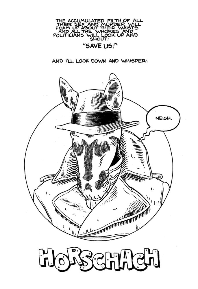 Rorschach from Watchmen but as a horse named Horschach written in the Hee-Haw logo font