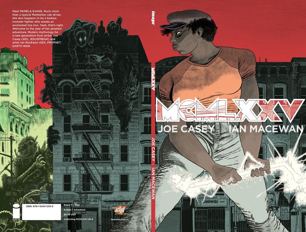 Trade Paperback cover of Image Comic's MCMLXXV featuring a muscular black woman wielding an enchanted tire iron about to fight a horde of monsters