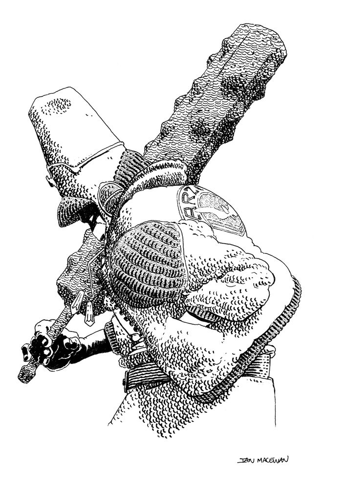 A b&w 5x7 sketch in profile of an intimidating man with a giant iron club slung over his shoulder. He's dressed similarly to the titular character in Moebius' Arzach comic series 