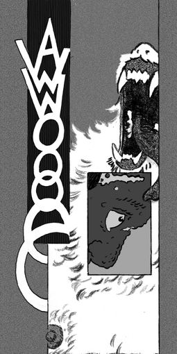 Snippet of a double page spread showing a howling white werewolf, whose tongue is intruding into an inset panel with our scared protagonist