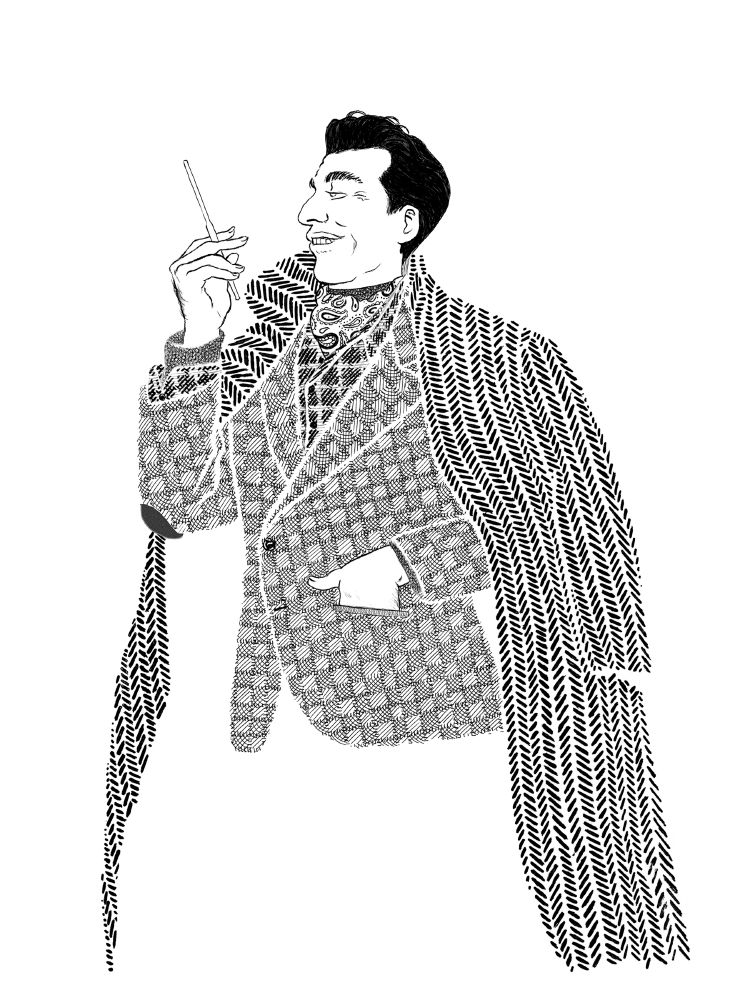 Black and white commission of Twin Peaks' Dick Tremayne, his clothes lack contour lines and each piece is assembled as a different clashing texture as he smokes from a cigarette holder looking smarmy
