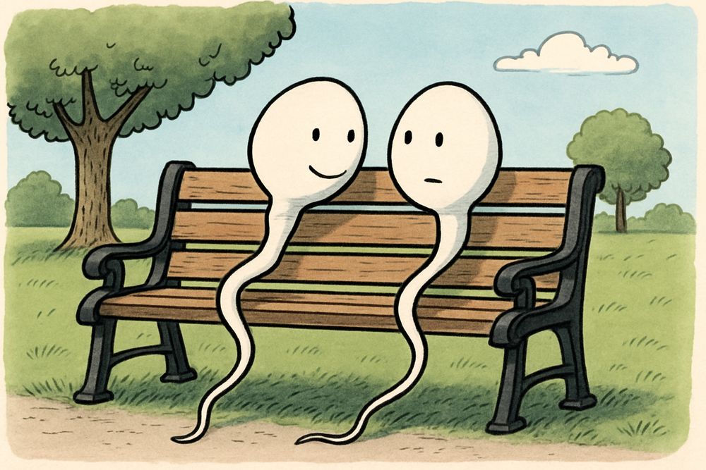 Zeichnungen von zwei SPermien auf einer Parkbank.