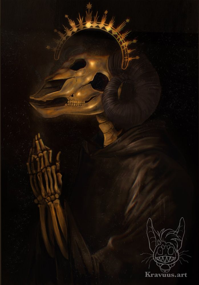 a skeletal ram anthro made of gold is dressed in a dark and suspicious robe. his hands are clasped in prayer, and a halo is lit above his head.