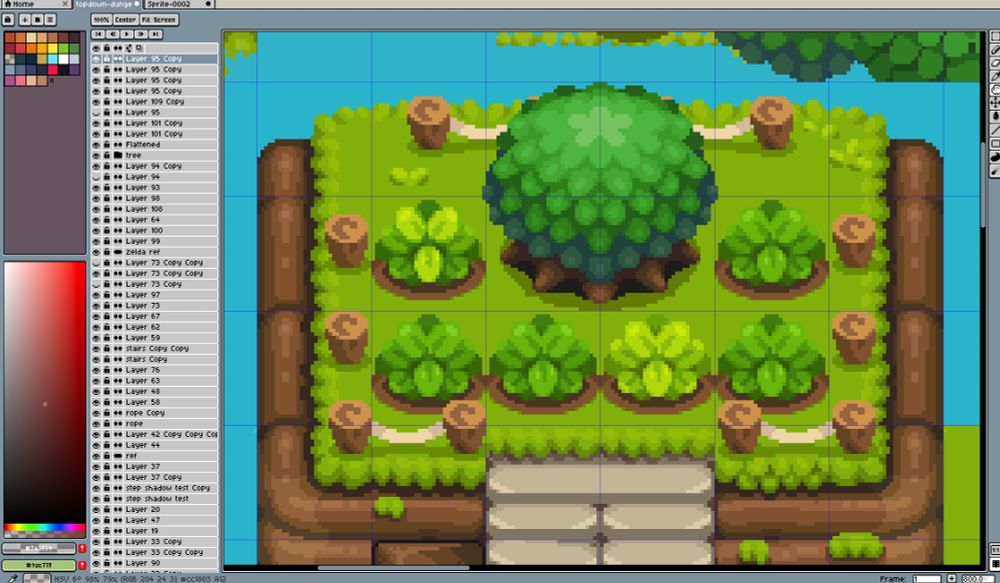 A work in progress tileset showing a tree atop a mound, surrounded by bushes.