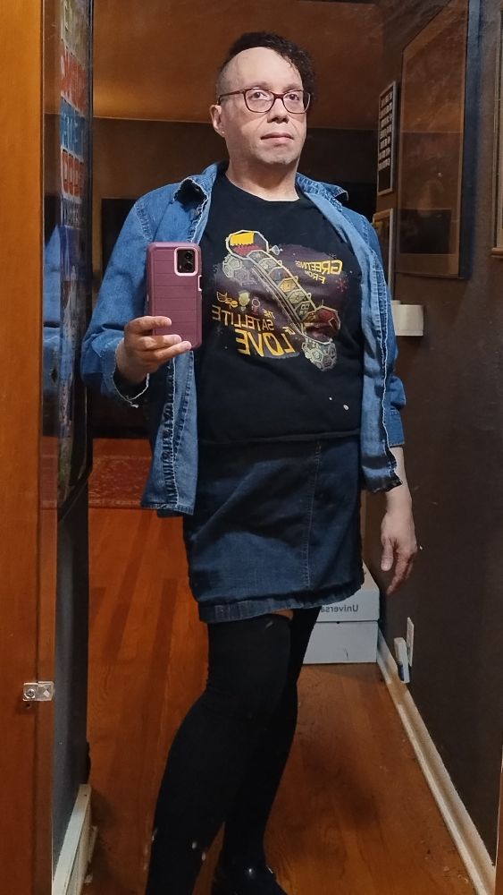 My outfit for today. Satellite of Love T-shirt with jeans skirt, black thigh high socks and slightly out of frame, black mary-janes on my feets.