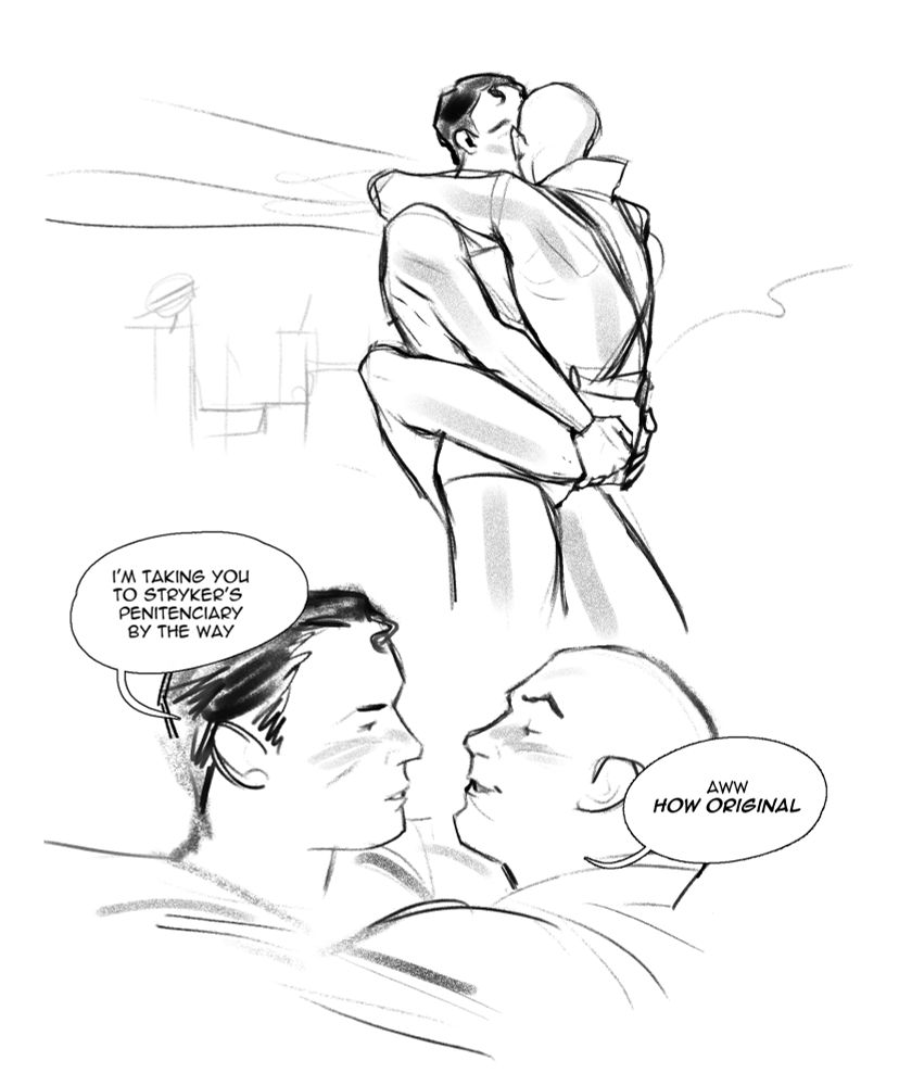 black and white sketch of pre-crisis superman and lex luthor kissing mid air. the text bubbles say superman: "i'm taking you to stryker's penitenciary by the way" lex: "aww how original"