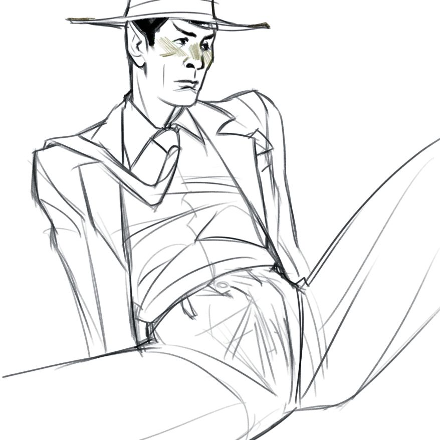 digital black and white sketch of spock wearing the 1920s suit from the tos episode "a piece of the action", blushing and spreading his legs