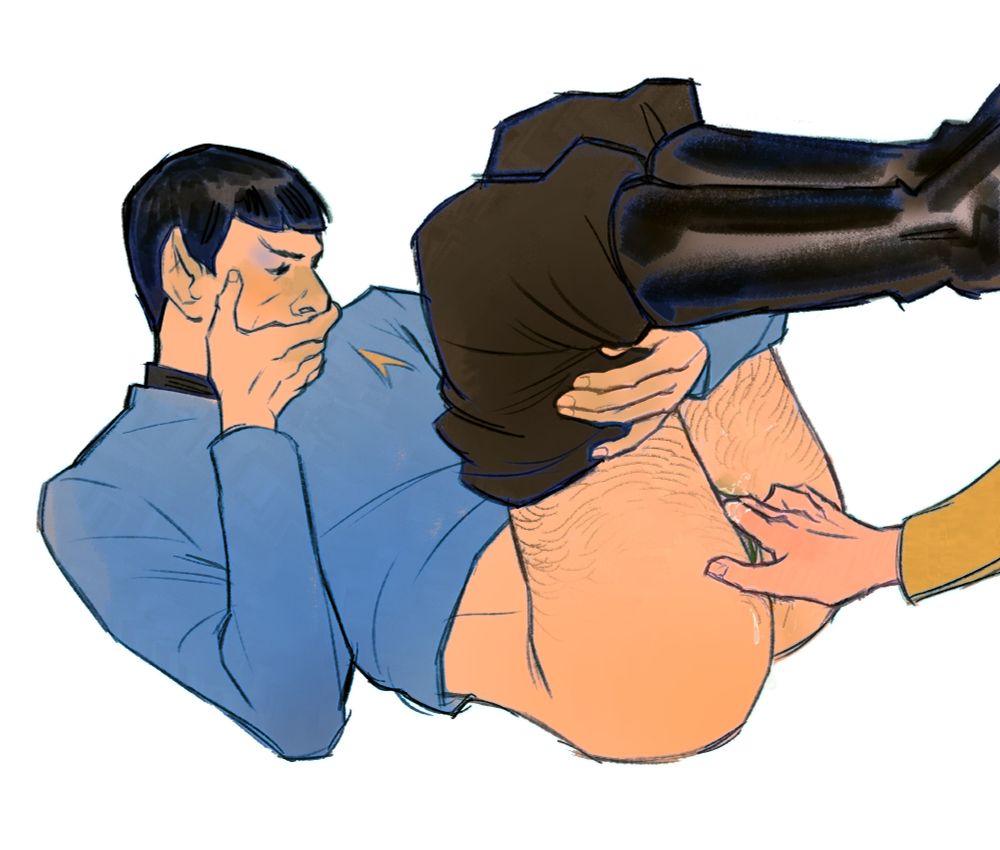 digital drawing of spock (tos) on his back, legs pulled up and getting fingered by the captain. his hand is covering his mouth