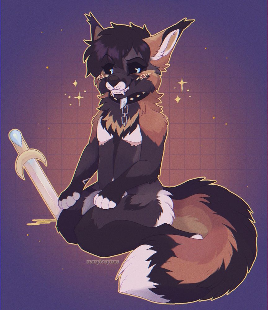 A fullbody illustration in a chibi style of an anthro cross fox. He is sitting with his legs folded under him and his paws resting on his thighs. He is grinning evilly, and an iridescent golden sword is stuck in the ground beside him. The background is purple with golden sparkles surrounding the character.