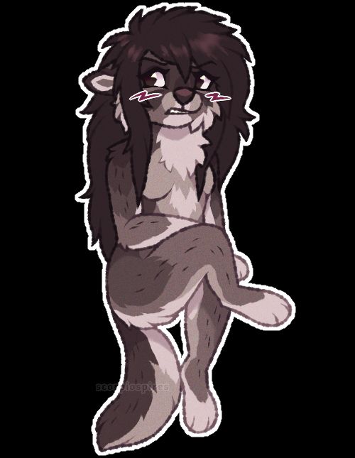 A fullbody illustration of an anthro brown wolf, drawn in a chibi style. She is sitting with an annoyed expression, looking to the left.