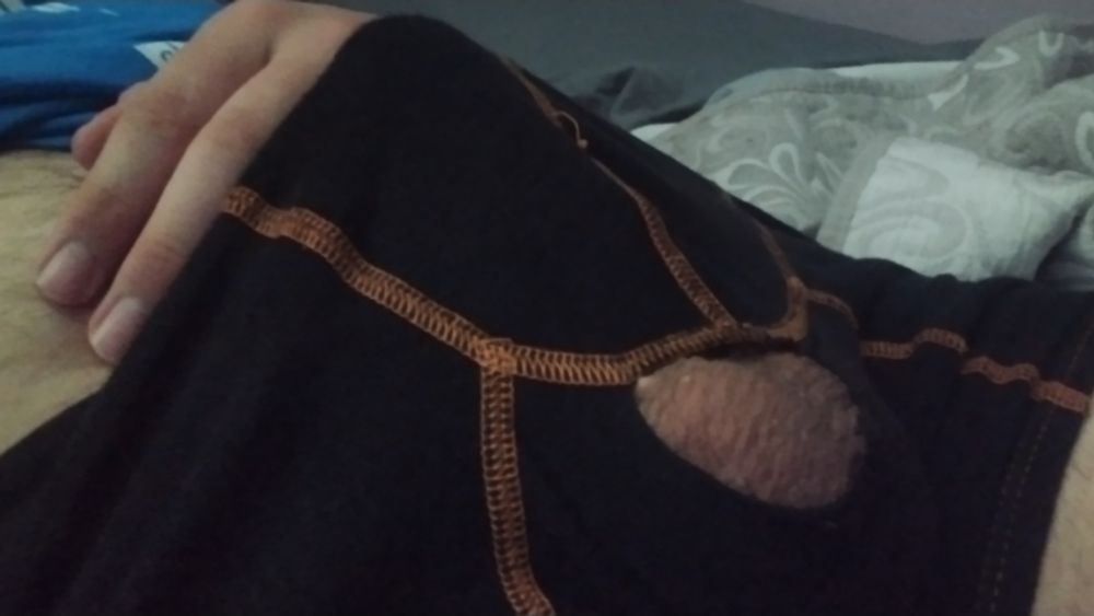 a pic of my bulge, but the boxers are ripped and one of my balls is showing