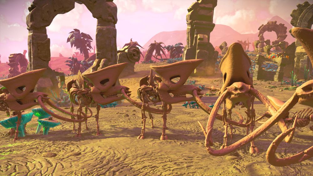 Bone animals standing in a group with ruined stone arches in the background 