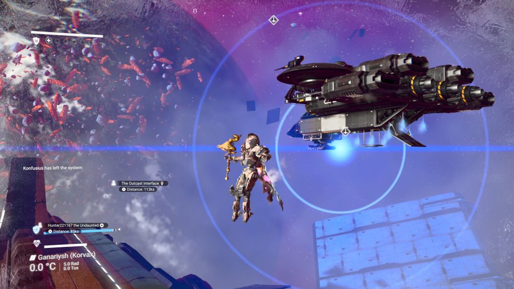 Not yet skull corvette docked on abandoned freighter, self floating in space over from opened ship over to freighter landing pads 