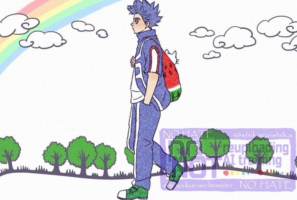 白猫が入ったスイカ柄の鞄を背負って歩くしんそうひとし、背景に雲と虹と木々