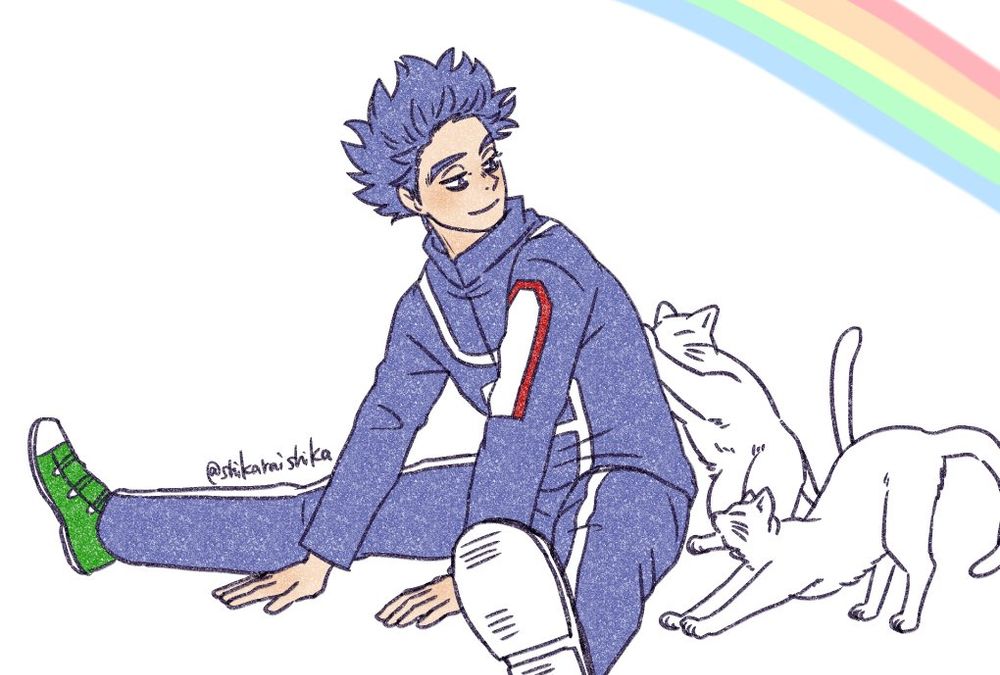 開脚してストレッチしているしんそうひとし、背景に虹を発生させている。背中を押す白猫、伸びをする白猫