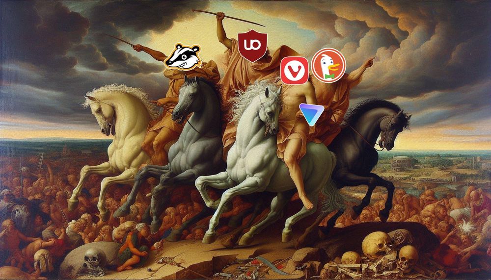 A fanciful image of the "Four Horsemen of The Apocalypse," but featuring Duck Duck Go, EFF's Privacy Badger, uBlock Origin, and Vivaldi Browser (holding Proton VPN as a shield) as the mythical Horsemen.