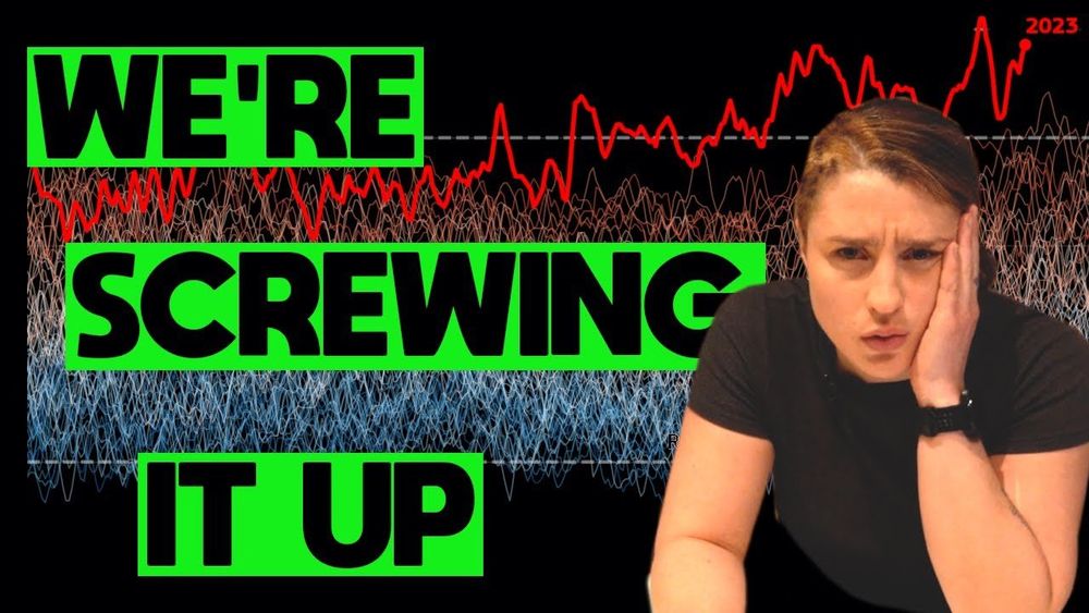a woman with confused face in front of a rising trend line on a graph and the words 'we're screwing it up'
