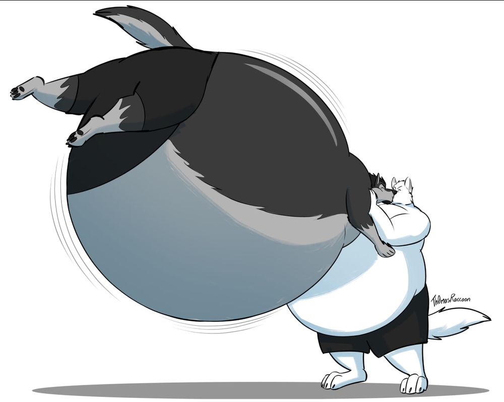 Anthro Arctic wolf with a big belly inflating an anthro werewolf via puffsmooches, the werewolf being inflated like a big balloon with a round shaped body