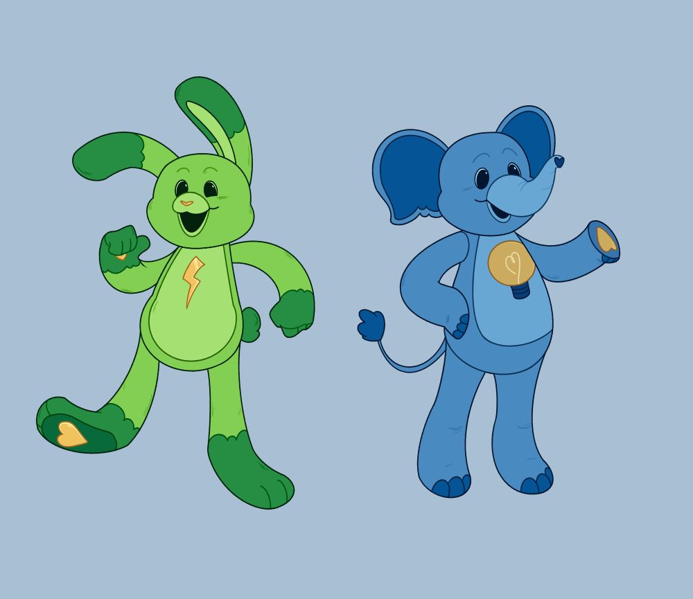 A digital drawing of the toy versions of Hoppy Hopscotch and Bubba Bubbaphant, redesigned by OP.