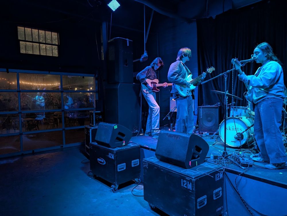 Skirts plays at Paper Tiger in San Antonio, TX. The band's reflection can be seen in a window that looks out to a courtyard.