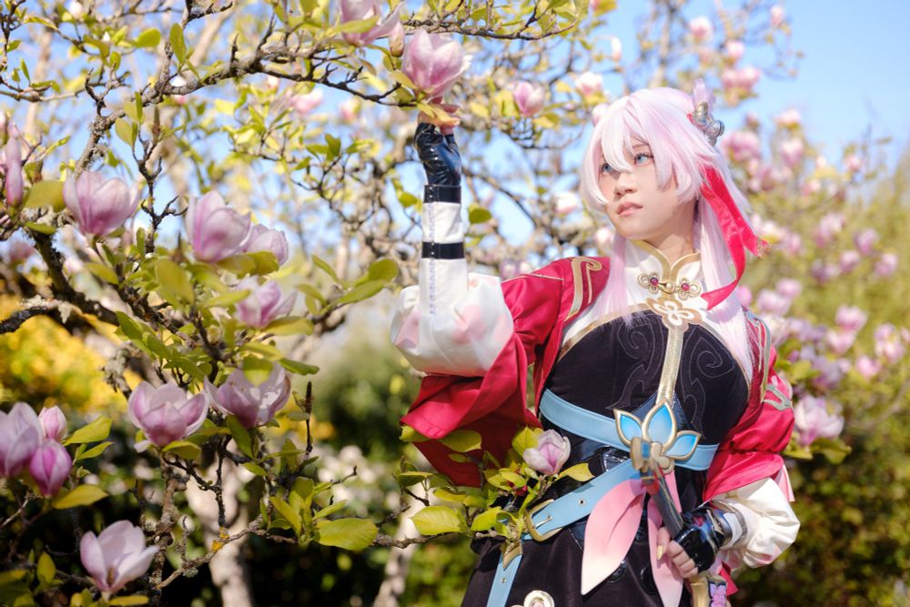 a photo of connie cosplaying March 7th from Honkai: Star Rail in her Hunt Form. connie is reaching out to touch a bloom on the magnolia tree with their right hand, while gazing at the flower. 