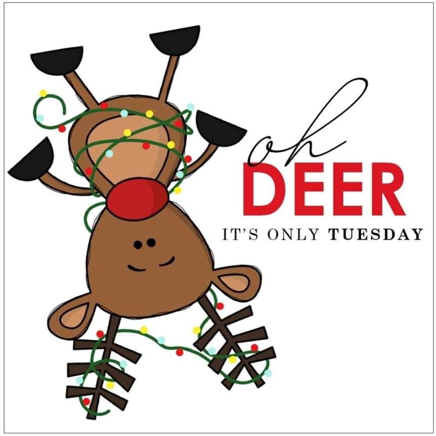 An upside down cartoon reindeer is tangled in Christmas lights. Text reads: Oh deer, it's only Tuesday 