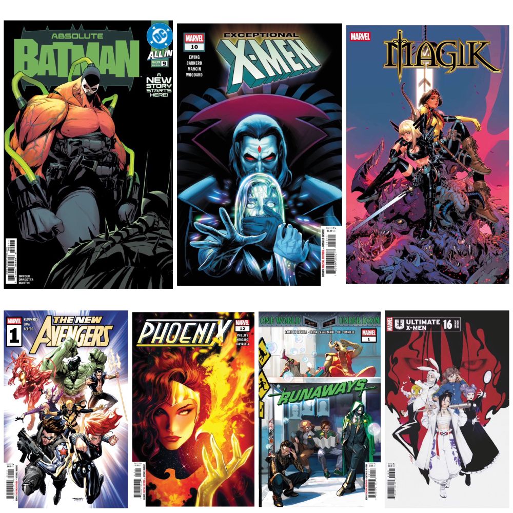 Comic covers for

Absolute Batman #9

Exceptional X-Men #10

Magik #6

The New Avengers #1

Phoenix #12

Runaways #1

Ultimate X-Men #16
