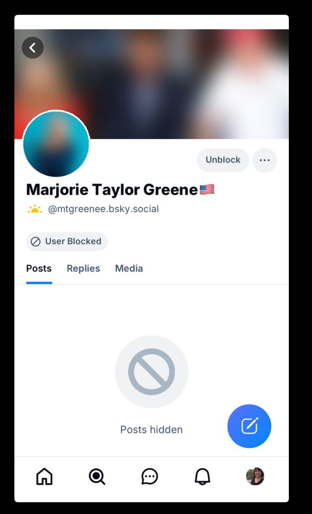 MTG’s profile showing “User Blocked” and “Posts hidden”