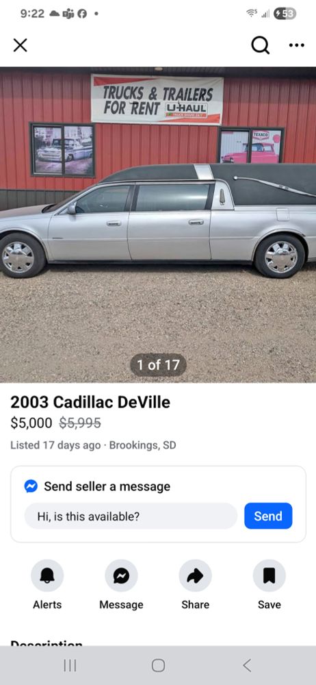 A screenshot of a marketplace listing for a Cadillac hearse