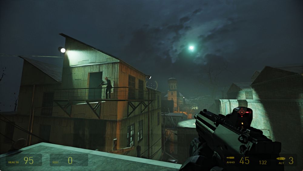 A screenshot of Half-Life 2 RTX using DLSS ultra performance at 1176 x 664 resolution