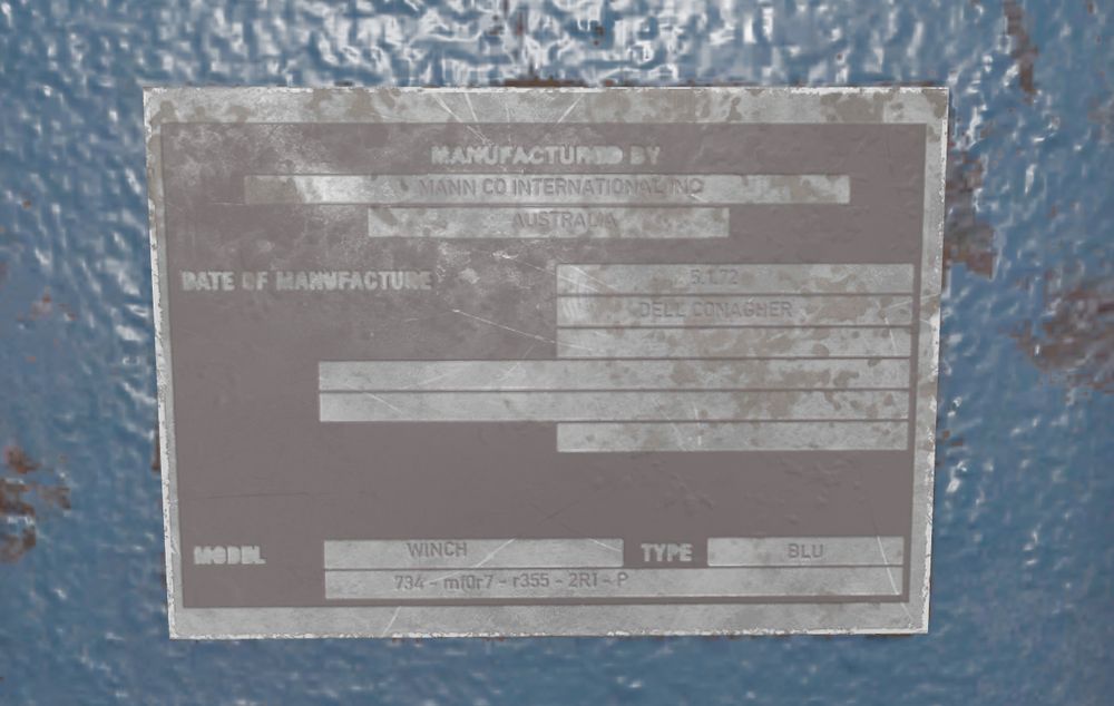 Manufacturing information about the winch podium. It reads

"MANUFACTURED BY: MANN CO INTERNATIONAL INC. AUSTRALIA

DATE OF MANUFACTURE: 5.1.72, DELL CONAGHER

MODEL: WINCH. TYPE: BLU