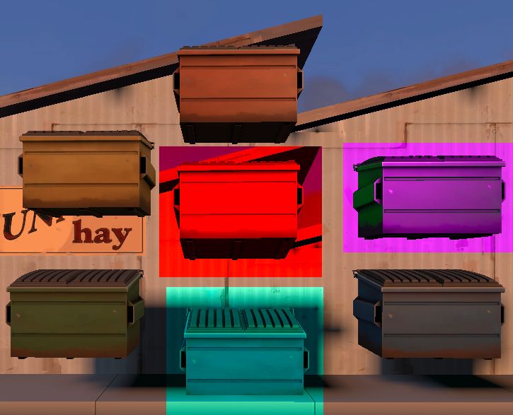 7 differently colored dumpsters arranged as the 7 human souls from Undertale