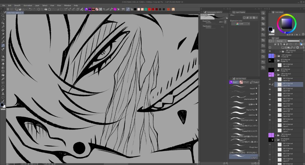 In-progress drawing of Senj (a character from Psych Ward In The Sky) - lineart/sketch of a man with a scar on his cheek, snake bites piercing and a wide smile, showing a few sharp teeth. He hot.