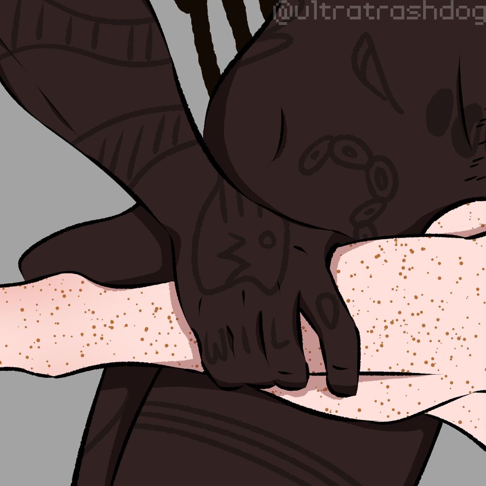 Fragment of a drawing depicting simplified tattoos of A-hij from Psych Ward In The Sky visual novel game, namely speaking a derpy-looking snake on his hand and a "WILD" lettering on his knuckles