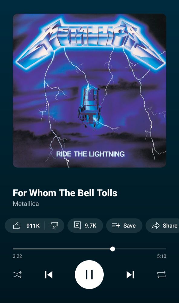 A screenshot of an app playing Metallica's For Whom the Bell Tolls off of the album Ride the Lightning featuring the album's cover art.
