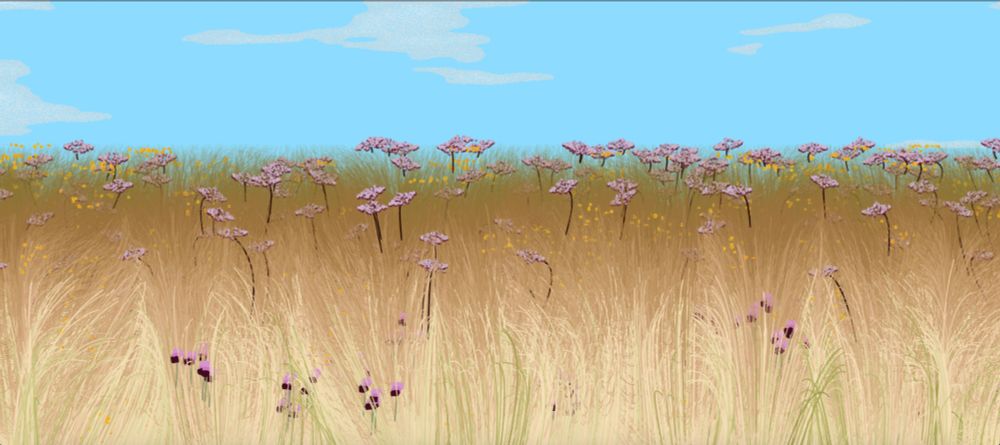 impressionistic meadow, with brown grass to the horizon line, lightening at the bottom. Sprays of pink, purple and yellow mimicking Joe Pye's weed, Bull Thistle and  jewel weed.